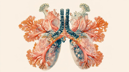 Naklejka premium Detailed Lung Illustration: Bronchial Anatomy Art, Scientific Medical Imagery, Educational Respiratory System Diagram, Human Organ Artwork, Pulmonary Health Visualization. 