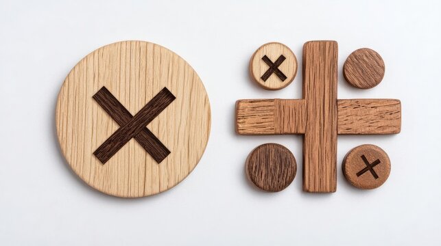 A creative arrangement of wooden game pieces featuring Xs and Os, ideal for design and educational purposes.