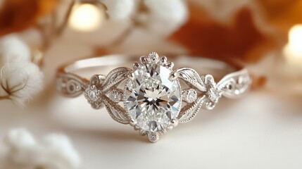 Fototapeta premium An antique-inspired filigree ring with a brilliant oval diamond, glowing softly on white