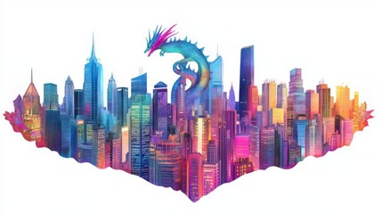 Obraz premium A vibrant watercolor depiction of a city skyline with a dragon, blending artistry and urban fantasy beautifully.