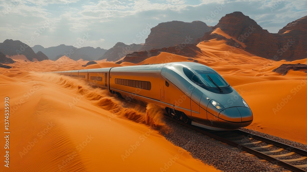 Aufkleber a sleek high speed train glides along the railway tracks in a surreal desert environment, surrounded