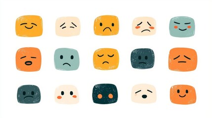 A collection of expressive face icons showcasing diverse emotions in a playful artistic style.