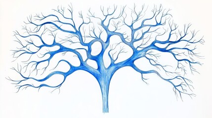 An artistic blue tree illustration showcasing intricate branches and roots, symbolizing growth and nature.