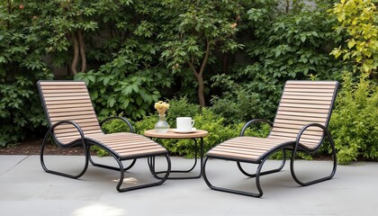 Relaxing patio chairs in a serene garden setting.