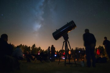 Group of astronomers and amateur stargazers enjoying a public astronomy event, observing the milky way with a large telescope