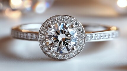 An elegant white gold band with a solitaire brilliant round diamond, surrounded by smaller diamonds on the band, soft white surface