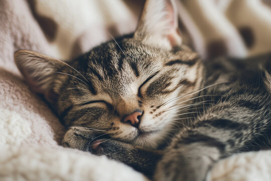 Sleeping tabby cat curled up peacefully on a soft blanket indoors - Powered by Adobe