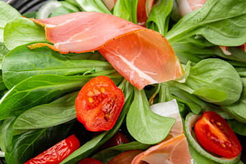 Jambon salad jamon meat vegetables dish fresh gourmet food background on table rustic food top view copy space