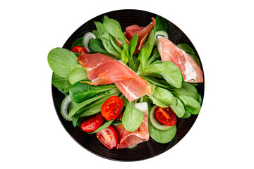 Jambon salad jamon meat vegetables dish fresh gourmet food background on table rustic food top view copy space