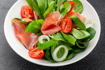 Jambon salad jamon meat vegetables dish fresh gourmet food background on table rustic food top view copy space