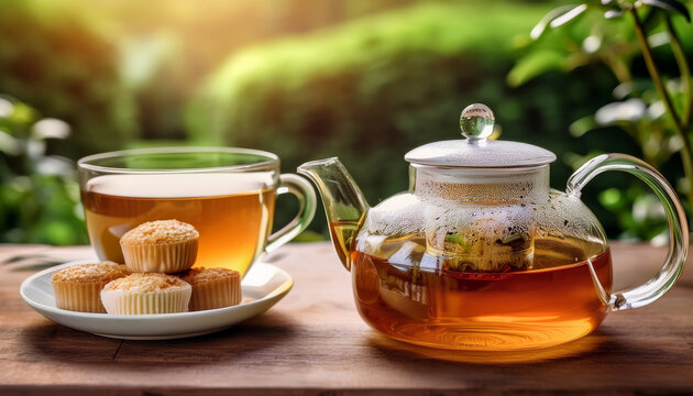 Una tetera de cristal y una taza llena de t&eacute; caliente sobre una mesa con un plato con pastas y dulces, junto al jardin
