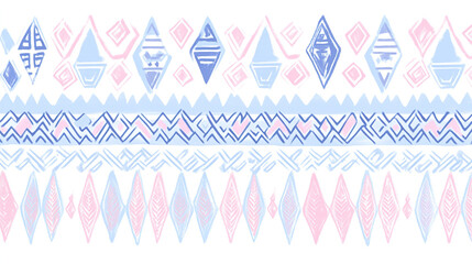 Cute Tribal Pattern Design: Light Blue and Pink Color Scheme, Pastel Geometric Art, Modern Indigenous Print, Soft Hued Textile, Playful Ethnic Background.
