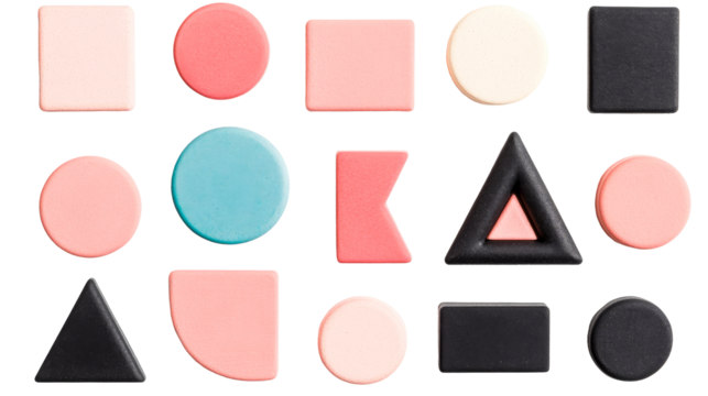 Multicolored geometric shapes arrangement, artistic composition, creative patterns, cut out transparent