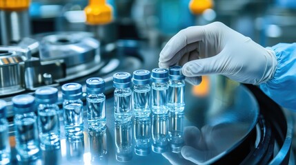 Pharmaceutical Factory Worker Checking Glass Bottles on the Production Line with Sanitary Gloves