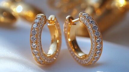 Elegant gold hoop earrings with brilliant round diamonds, shining on a clean white surface