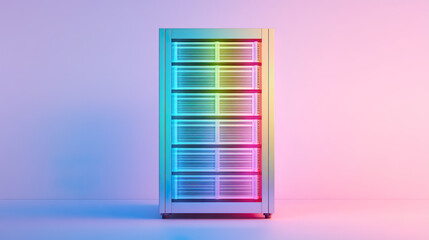 Computer Server 3D Illustration: Front View IT Infrastructure, Data Center Server Visualization, Modern Server Rack Design, and Network Server Graphic.
