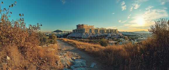 Beautiful panorama with a view of the Acropolis of Athens. Colorfull.