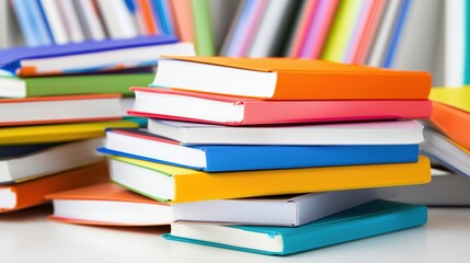 Colorful stack of notebooks arranged creatively on a desk in a bright study area
