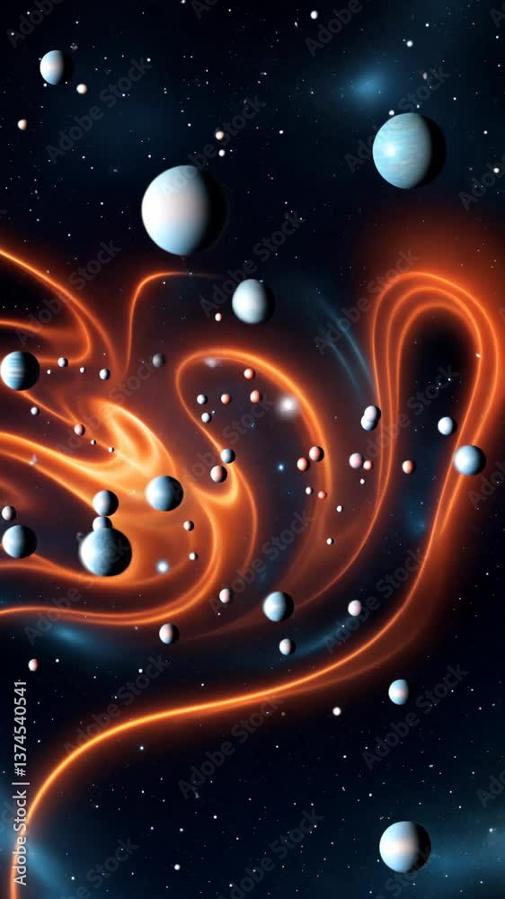 Poster A colorful space scene with many planets and stars. The planets are in various sizes and colors. The scene is orange and blue