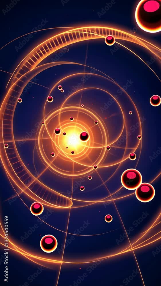 Poster a blue background with orange circles and red dots