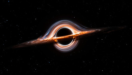 A massive black hole is depicted with a bright accretion disk, swirling around its event horizon, set against a captivating starry background in deep space