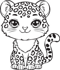 Black and white illustration of a leopard, depicting a cute tiger cub with expressive eyes, chibi style. Coloring element.