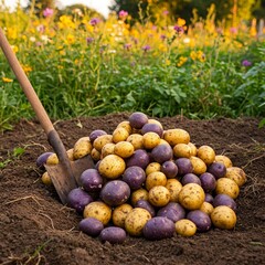 organic multi-colored potato harvest in the garden in summer