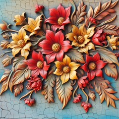 Fototapeta premium Beautiful red and yellow flowers in a colorful bouquet on a wooden background, capturing the essence of spring and summer with vibrant petals and natural beauty