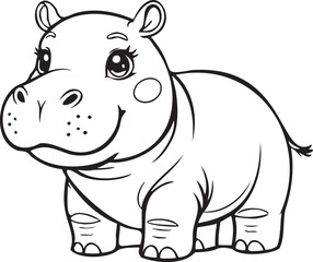 Black and white illustration of a hippopotamus, depicting a cute tiger cub with expressive eyes, chibi style. Coloring element.