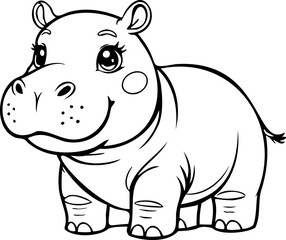 Black and white illustration of a hippopotamus, depicting a cute tiger cub with expressive eyes, chibi style. Coloring element.