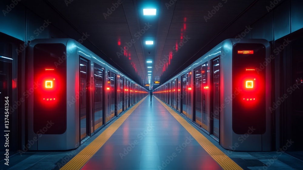 Poster An automated subway station features advanced lighting and security measures.