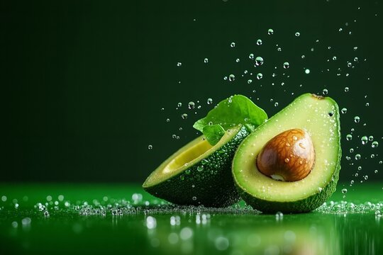A half of an avocado with water droplets on it