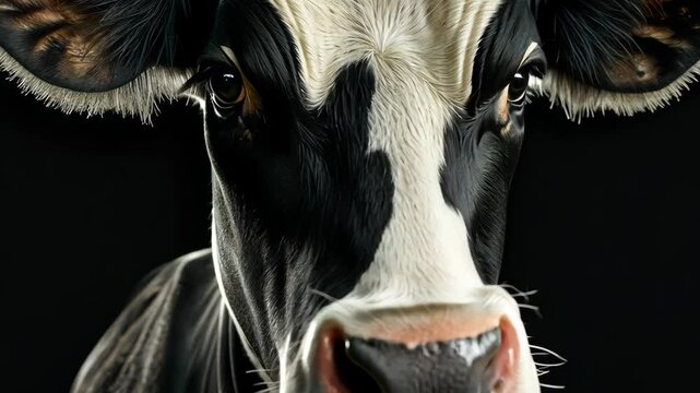 Close-up of a black and white cow's face against a dark background, photorealistic