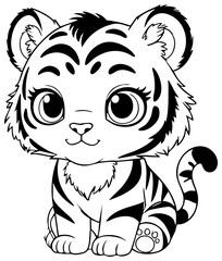 Black and white illustration of a tiger cub, sticker, depicts a cute tiger cub with expressive eyes, chibi style. Coloring element.