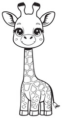 Black and white illustration giraffe sticker, depicts a cute baby tiger with expressive eyes, chibi style. Coloring element.