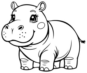 Fototapeta premium Black and white illustration hippopotamus template, depicts a cute baby tiger with expressive eyes, chibi style. Coloring element.