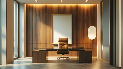 Modern executive office bathed in soft ambient lighting, featuring a large blank poster mockup. Chair and an artistic floor lamp casting subtle shadows.