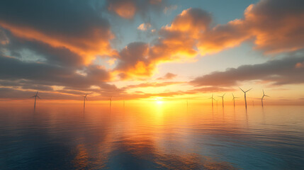 Naklejka premium An ethereal offshore wind farm at sunrise, where the mist glows in hues of pink and orange.