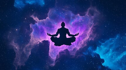 A serene figure meditating in a cosmic setting, symbolizing peace, mindfulness, and the exploration of consciousness.