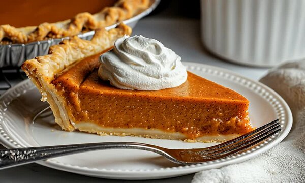 Pumpkin pie slice with whipped cream on a patterned plate, with a fork, against a bright background
