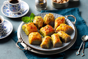 Baklava on a silver tray and Turkish coffee. Grey background. Close up.