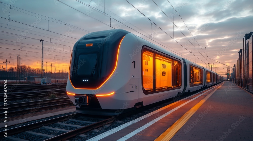 Poster a sleek high speed train arrives at a contemporary railway station during sunset, highlighting the i