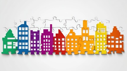 Colorful Puzzle Pieces Forming a Neighborhood Scene with Stylized Buildings in Bright Vibrant Colors Representing Community and Togetherness in a Fun and Playful Manner