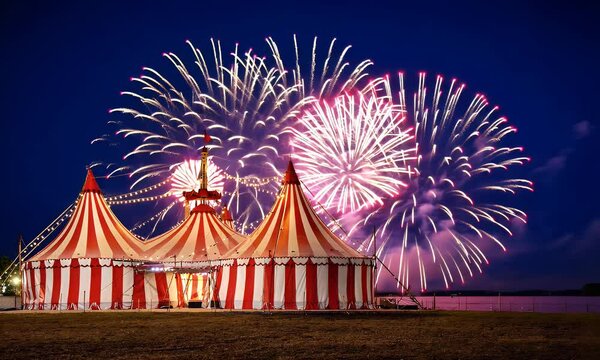 A festive nighttime scene featuring a circus tent with fireworks in the dark sky.