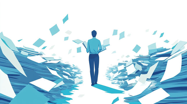 Document Search Illustration: Blue-Themed File Investigation, Paperwork Discovery Graphic, Business Data Research Concept, Information Retrieval Artwork, Archive Exploration Design.

