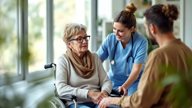 Happy senior woman in wheelchair holding hands with relative while talking to friendly nurse during home visit