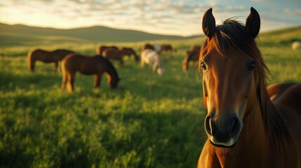 Obraz premium Horses Grazing in a Lush Green Field During a Bright Afternoon