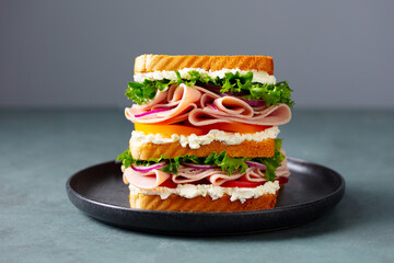 Club sandwich on a black plate. Grey background. Close up.
