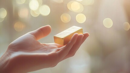 Close-Up of a Hand Gripping a Gold Bar with Abstract Financial Charts in Soft Focus Background