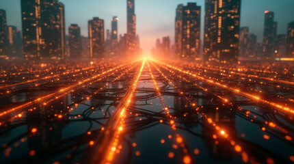 Dynamic digital visualization of Earth at night, showcasing bright city lights connected by glowing network lines. Global connectivity and communication concept